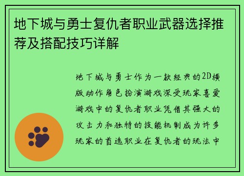 地下城与勇士复仇者职业武器选择推荐及搭配技巧详解